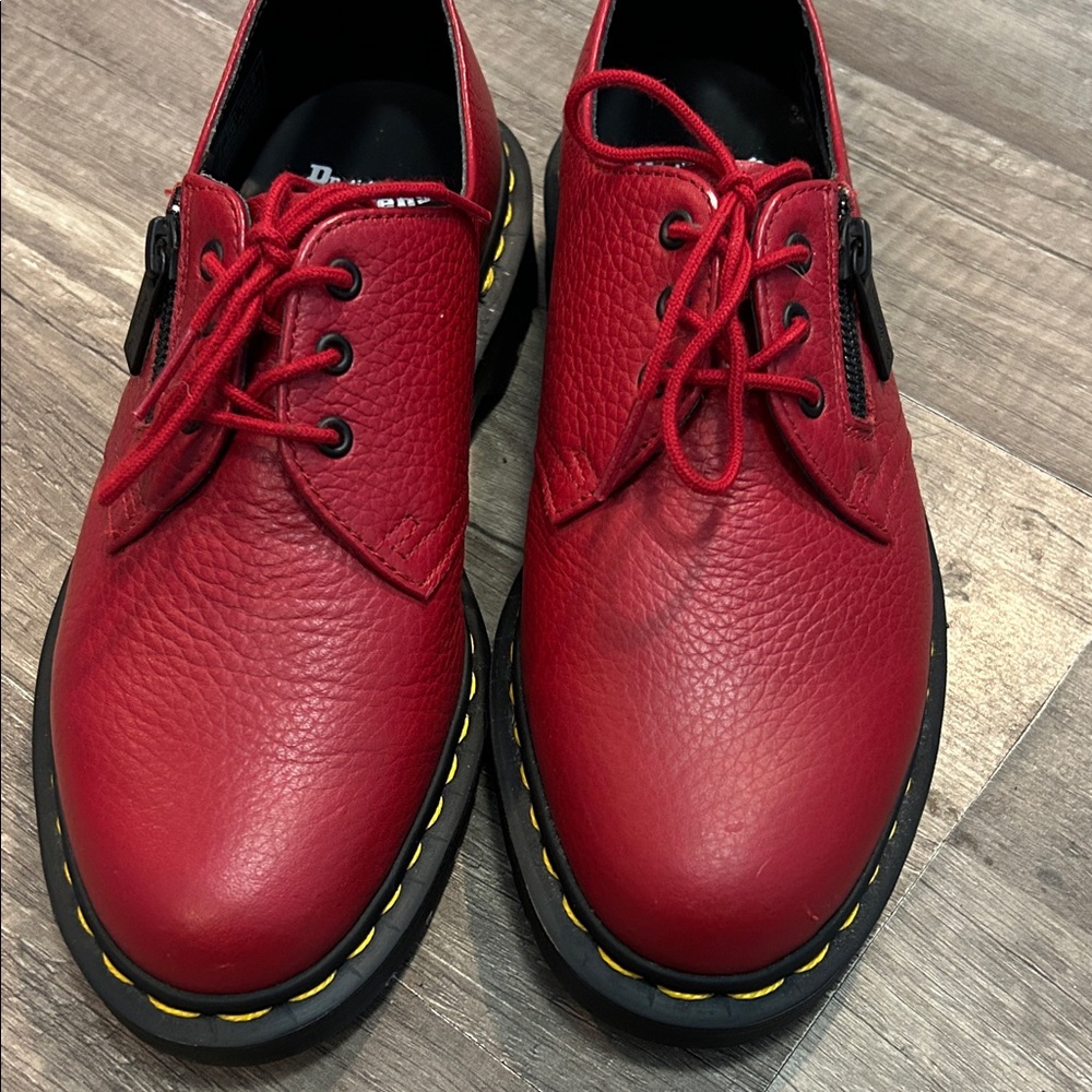 Dr. Martens Women's Red Leather Lace-Up Flats with Yellow Stitching - Picture 4 of 5